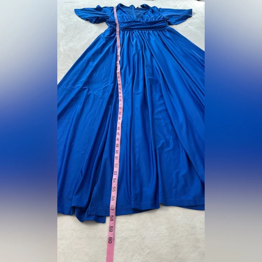 Royal Blue Satin Maxi Gown with Plunge Neckline and Dolman Sleeves - Picture 11 of 16